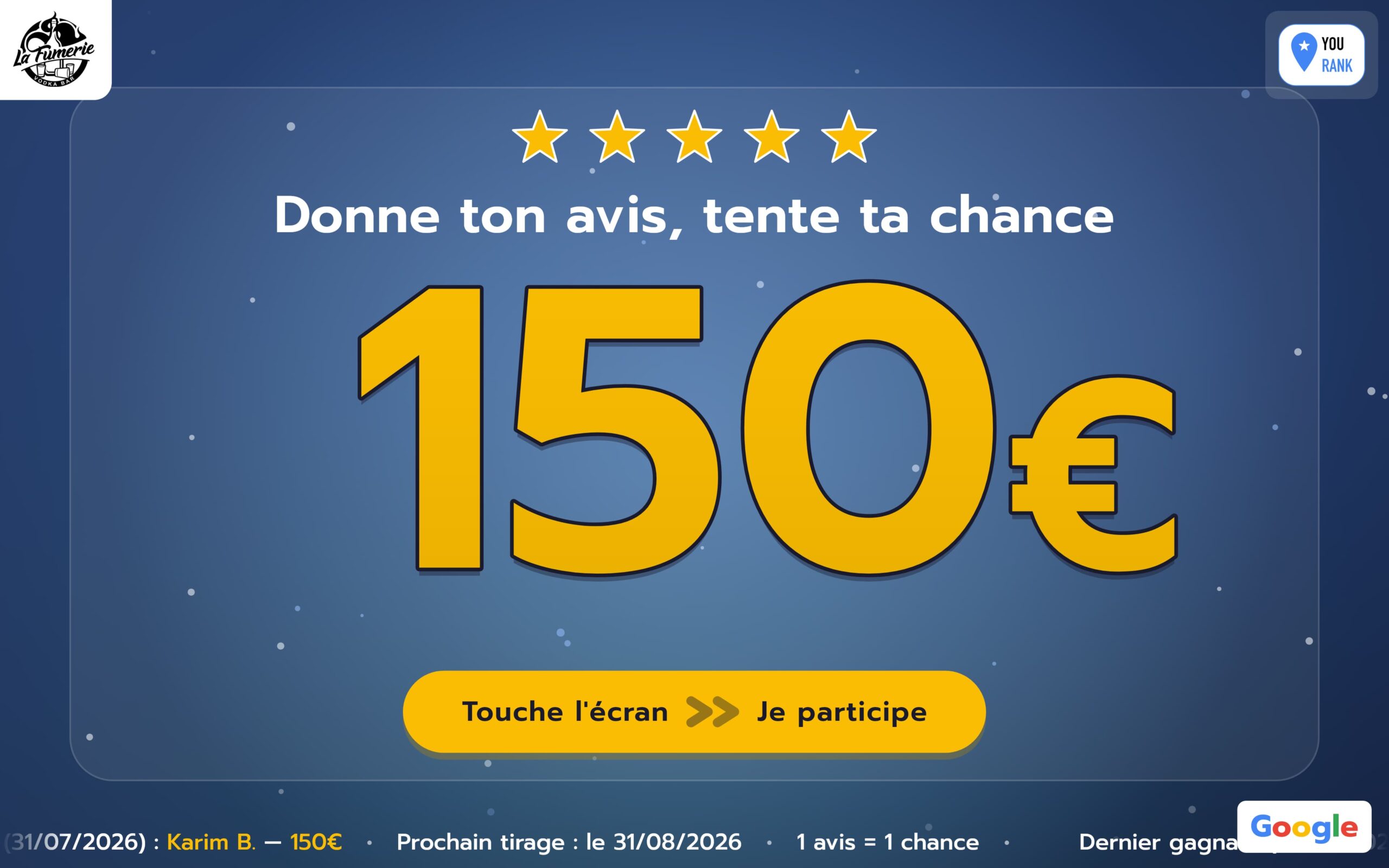 Écran d'accueil YouRank — tentez de gagner 150 €