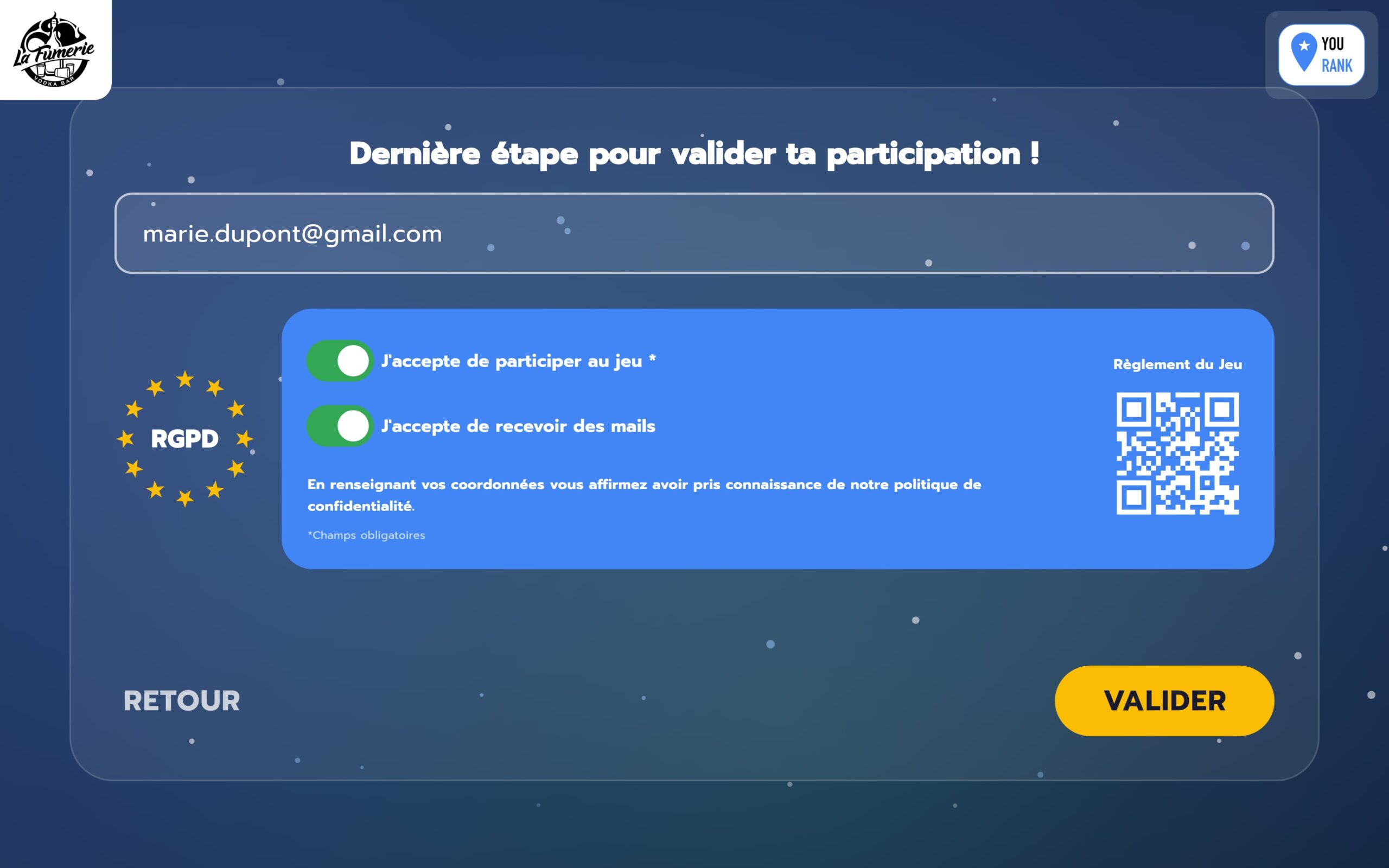 Saisie email ou téléphone, consentement RGPD